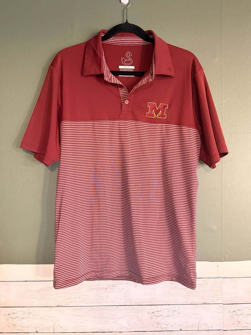 Swannies Mens Maroon Striped Golf Polo Shirt Size Medium M Logo Performance